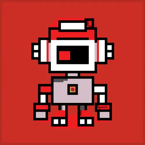 A hand-drawn robot in pixel art style with red and white elements.