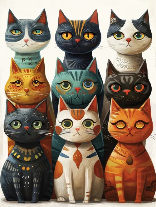 Nine stylized cats of different colors against a light background