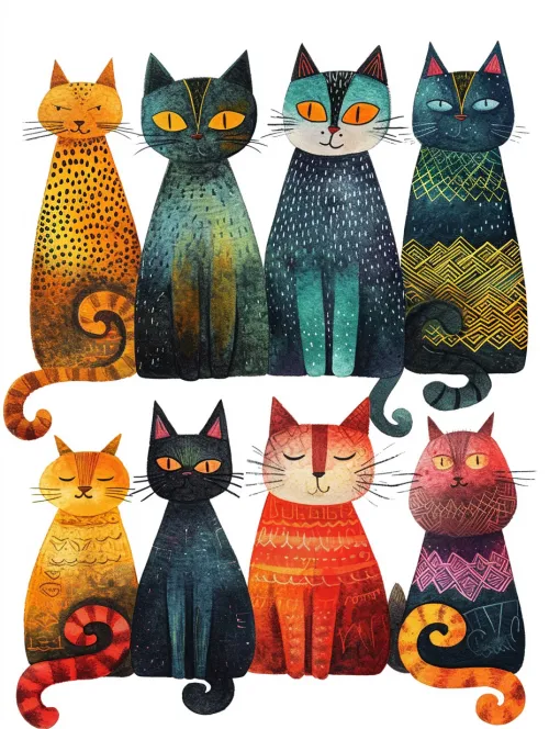 Ocho gatos estilizados de diferentes colores y patrones sobre un fondo blanco