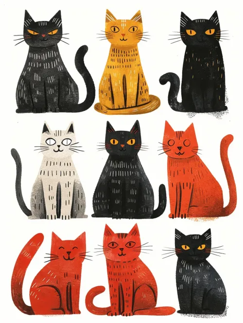 Ilustración con nueve gatos diferentes en una variedad de colores y expresiones