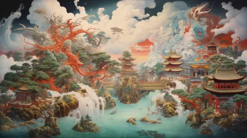 Paisaje mágico y vibrante con templos orientales y dragones rojos