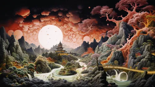 Fairy-tale landscape with mountains, temples, and a bright moon in the background