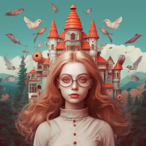 Young girl with long hair and glasses against the backdrop of a magical castle with birds