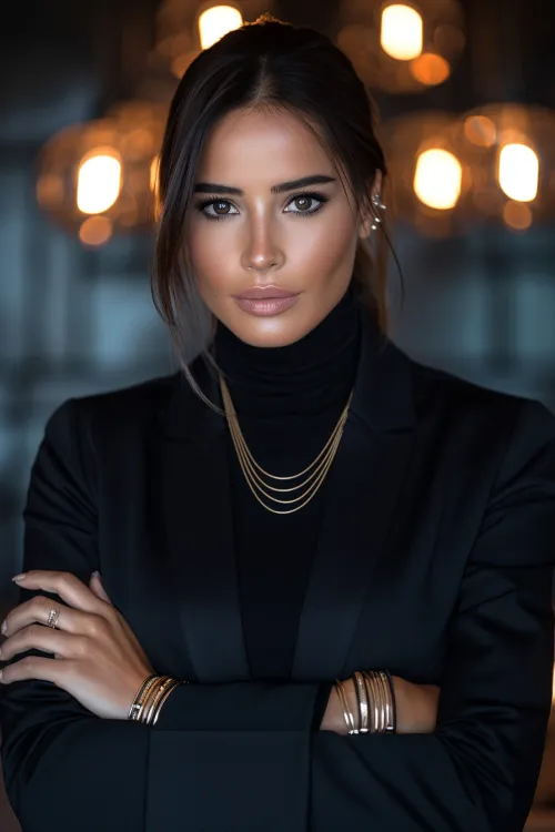 Portrait of a Woman with Golden Jewelry and a Serious Expression