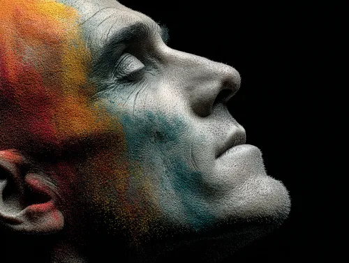 Rostro humano con efecto de abstracciones coloridas sobre fondo negro