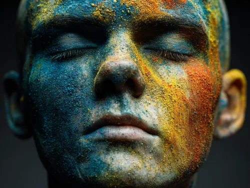 Fotografía de una persona con polvo de colores en la cara en tonos brillantes