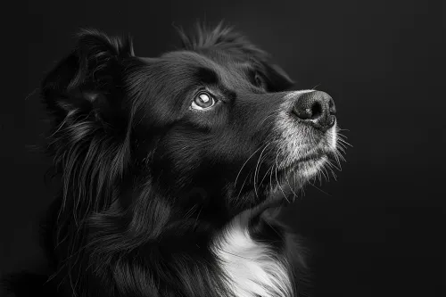 Dog with black fur on a dark background in profile