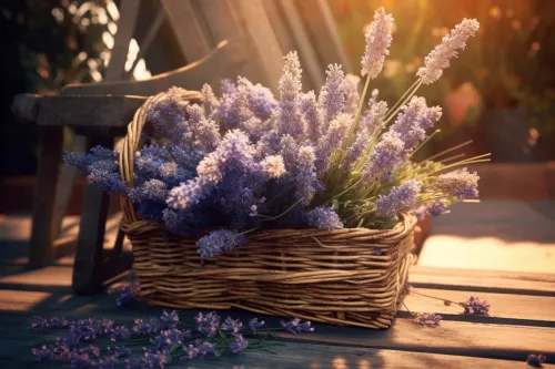 Cesta elegante con lavanda frente a una terraza soleada