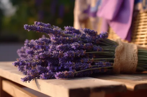 Ramo de lavanda recogido sobre un fondo de mesa marrón y cesta de mimbre