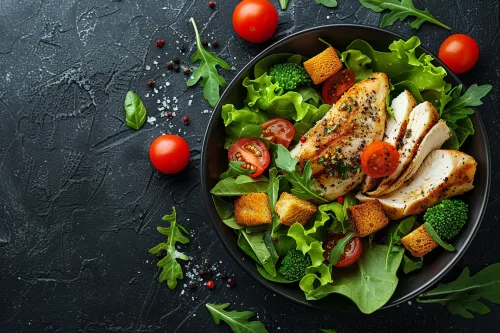 Ensalada con pollo, tomates y hierbas sobre fondo negro