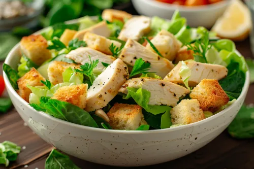 Ensalada refrescante con trozos de pollo y picatostes dorados