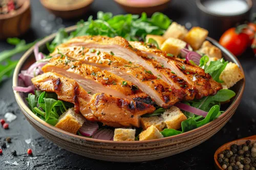 Салат с жареным лососем, зеленью и хлебными кубиками на тарелке