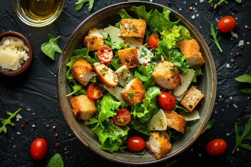 Красивая подача салата с курицей, помидорами и сыром на столе