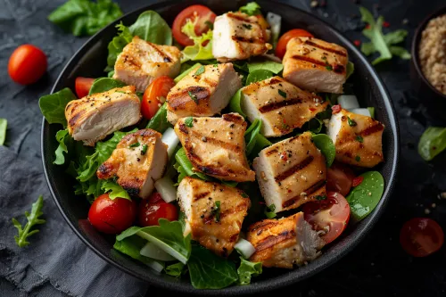 Вкусный салат с запеченной курицей и свежими помидорами, красиво сервированный