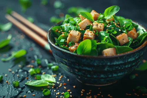 Salad with chicken, green leaves, and sesame seeds