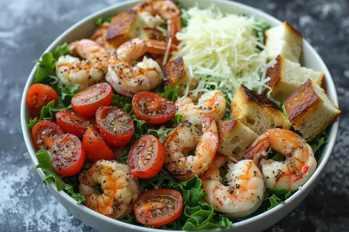 Вкусный салат с креветками, помидорами и зеленью