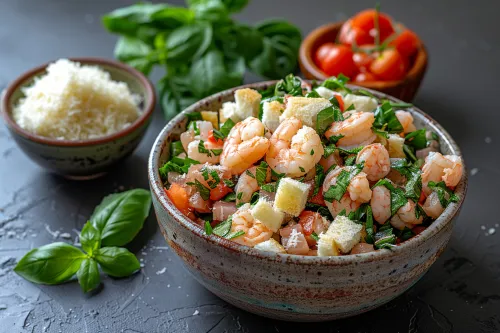 Ensalada de camarones con tomates, hierbas y cubos de pan