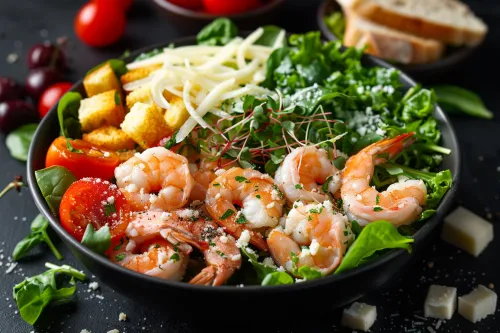 Appetizing shrimp salad with greens and vegetables in a black bowl