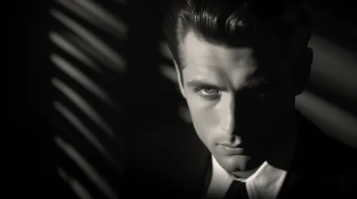 Stylish portrait of a man illuminated by stripes of light and shadow