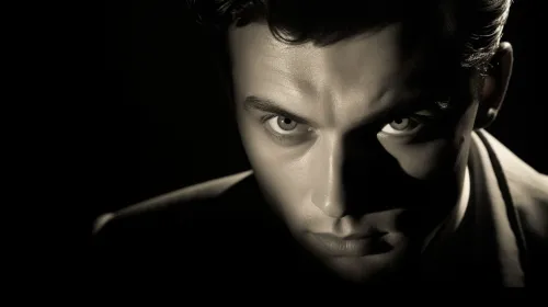 Black and white portrait of a man with an intense gaze and dramatic lighting