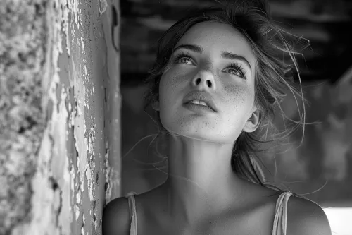 Image of a young woman with an expression of hope and dreams against an old wall