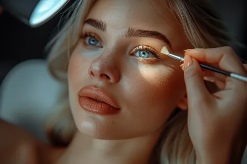 Girl receiving eye makeup using cosmetic tools
