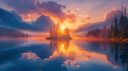 Majestuoso atardecer con reflejos en las tranquilas aguas del lago y montañas al fondo