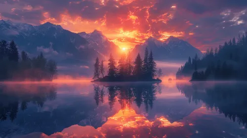 Amazing sunset with reflection in the lake and mountains in the background