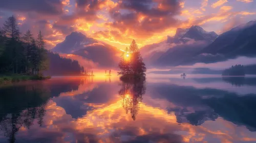 Vista del lago con el reflejo de los árboles y las montañas al atardecer