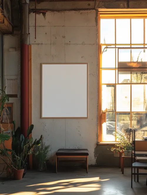 Interior with an empty frame on the wall and large windows