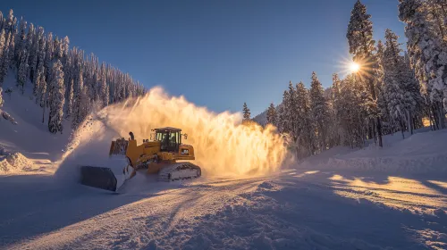 Snow removal equipment clears the snow-covered road in the forest