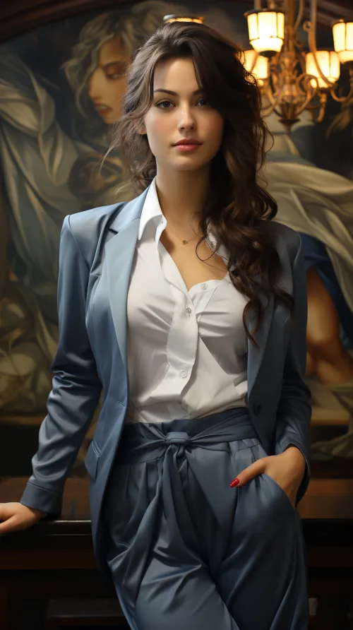 Woman in a Blue Suit Standing in Front of a Painting