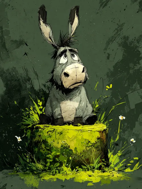 Funny illustration of a donkey sitting on a stump surrounded by plants