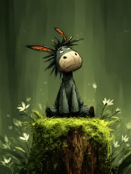 Illustration of a donkey sitting on a stump in a green forest with flowers