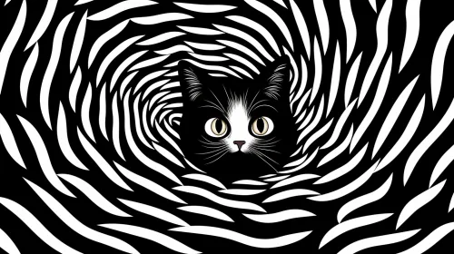 Illustration of a black and white cat against a background of swirling stripes