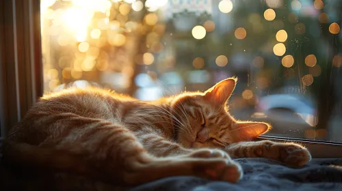 Gato naranja cómodamente acomodado en el alféizar de la ventana bajo los rayos del sol