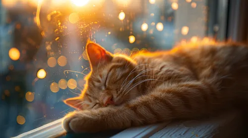 Gato naranja durmiendo en el alféizar de la ventana con reflejos de sol