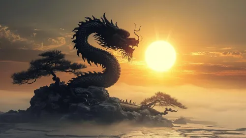 Image of a dragon sitting on rocks at sunset with a chartarin tree