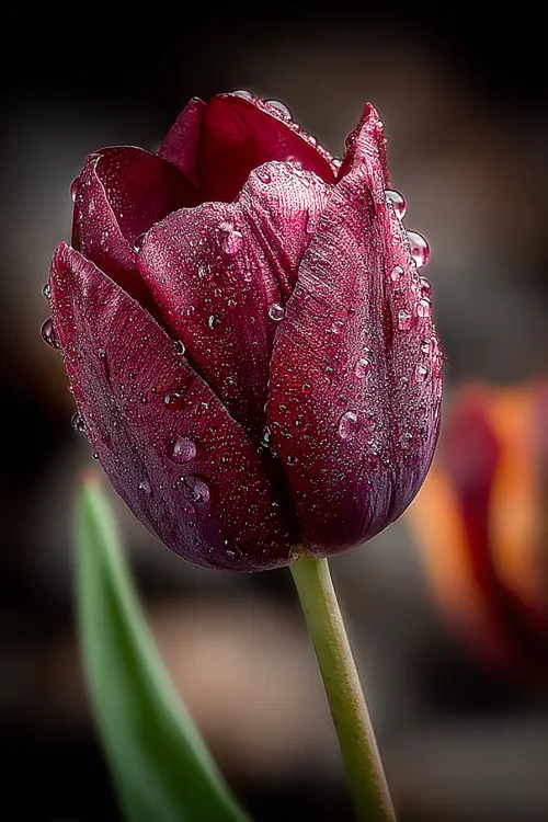 Close-up of a purple tulip with water droplets on its petals