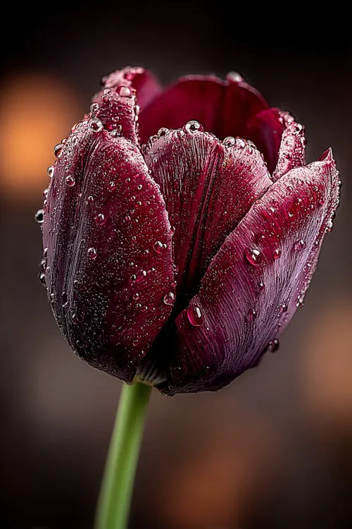 Fotografía de un tulipán púrpura cubierto de gotas de lluvia