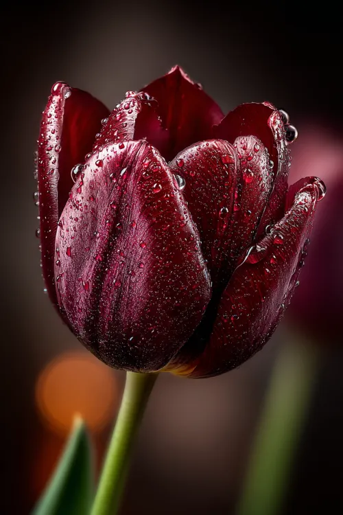 Close-up of a burgundy tulip covered with water drops