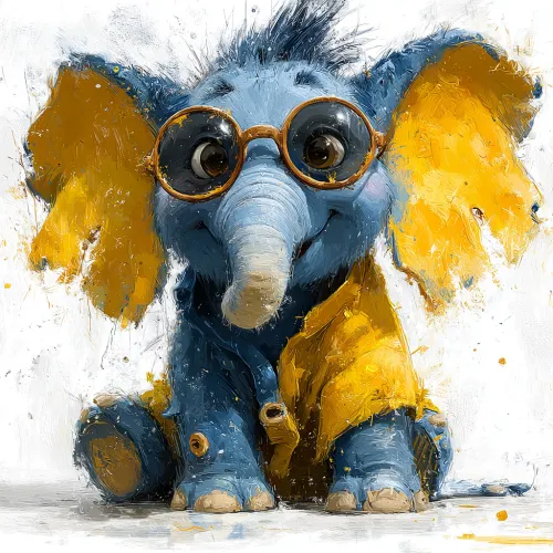 Cute baby elephant with big ears, wearing glasses and a yellow t-shirt