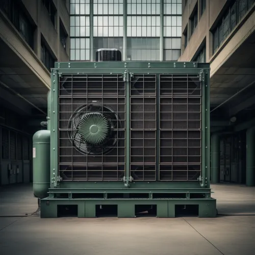 View of a large industrial device with a fan in a manufacturing room
