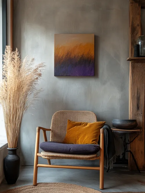 Room with a rattan armchair, a painting, and decorative elements