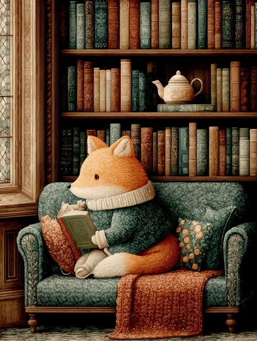 Un adorable zorro en un suéter leyendo un libro en un sofá junto a muchos libros