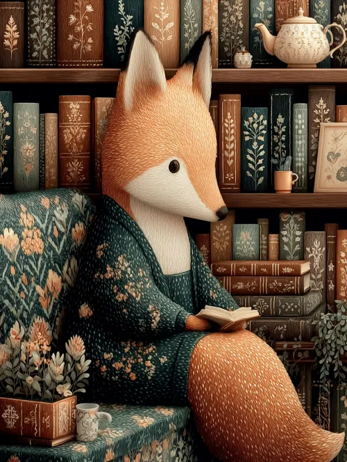 Imagen de un zorro en una posición cómoda, leyendo un libro frente a estanterías con libros