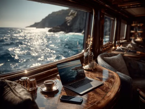 Elegante espacio de oficina en un yate con una laptop y una taza de café
