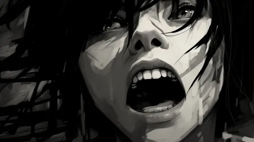Stylized black-and-white portrait of a woman with an expressive face and open mouth
