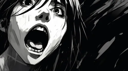Drawing of a woman with a wide-open mouth and a frightened expression