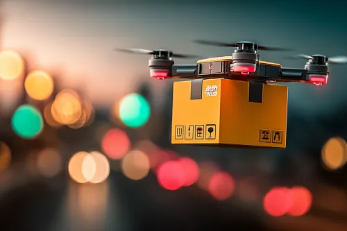Dron mensajero con paquete amarillo frente a una escena urbana desenfocada
